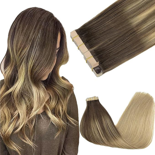 GOO GOO Tape in Hair Extensions Human Hair, 4/18 Balayage Chocolate Brown Highlighted Dirty Blonde, 24inch 100g 40pcs, Skin Weft Seamless Invisible, Silky Straight with Thick Ends, Remy Human Hair