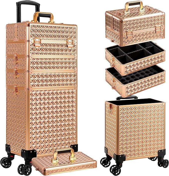 AROUS 5 in 1 Rolling Makeup Train Case Cosmetology Case on Wheels Large Cosmetic Organizer Travel Cart for Hairstylist Artist Nail Beauty Salon Barber,Gold