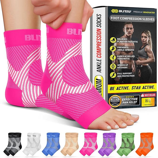 BLITZU Compression Socks for Plantar Fasciitis, Achilles Tendonitis, Arthritis Relief, Ankle Brace Compression Sleeve with Foot Arch Support, Ankle Wrap for Women, Men, Swelling & Heel Pain Pink L-XL