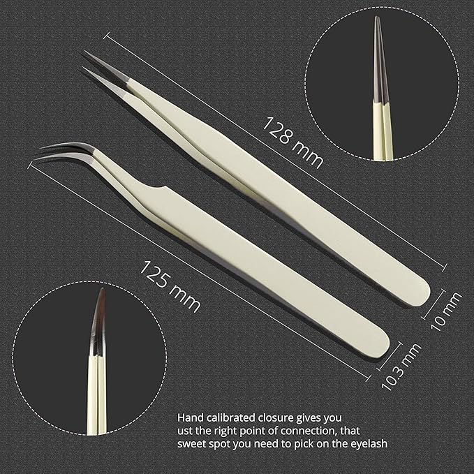 SIVOTE Lash Tweezers for Eyelash Extensions, Hand Calibrated Straight & Curved Tip, Pack of 2, Vanilla