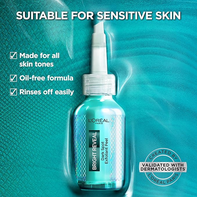 L'Oreal Paris Bright Reveal Dark Spot Exfoliant Peel, 25% AHA BHA PHA Face Exfoliator Solution, Gentle Skincare to Visibly Reduce Dark Spots and Renew Skin Texture, Includes SPF Lotion Sample