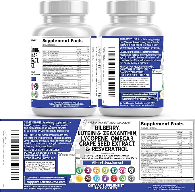 Clean Nutra Eye Vitamins with Bilberry Lutein and Zeaxanthin Supplements Lycopene 40mg Resveratrol Grape Seed Astaxanthin for Eyes - Eye Care Health Support Eye Vitamin and Mineral Supplement
