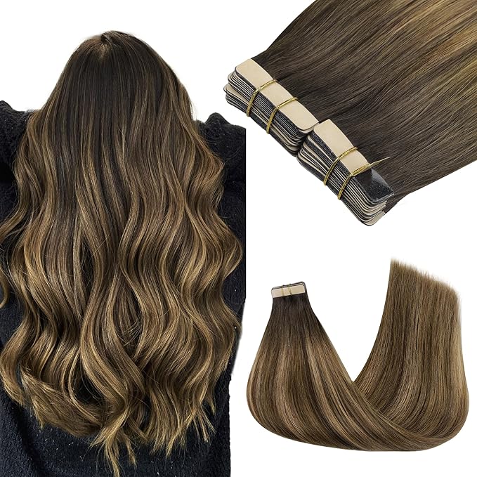 GOO GOO Tape in Hair Extensions Human Hair, 4D/14/5B Brunette Balayage, 14inch 100g 40pcs, Skin Weft Seamless Invisible, Silky Straight with Thick Ends, Remy Human Hair