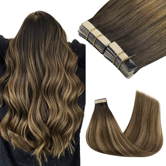 GOO GOO Tape in Hair Extensions Human Hair, 4D/14/5B Brunette Balayage, 22inch 100g 40pcs, Skin Weft Seamless Invisible, Silky Straight with Thick Ends, Remy Human Hair