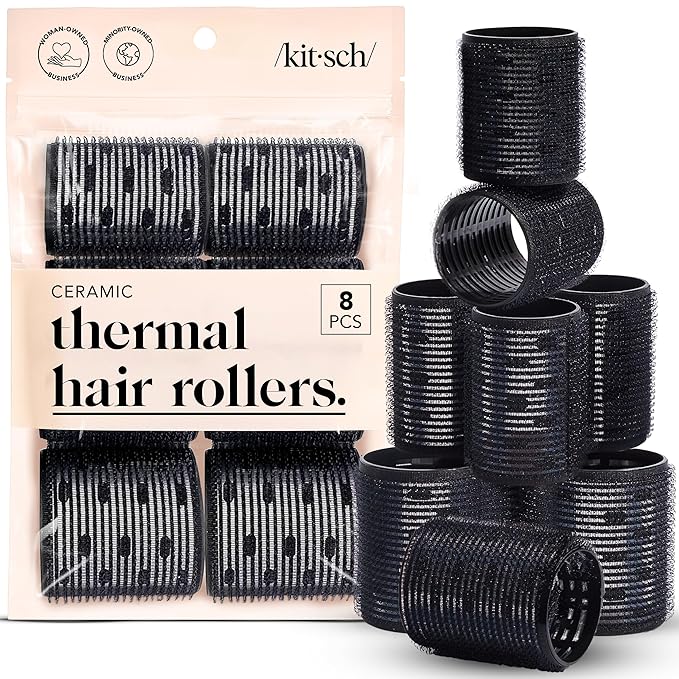 Kitsch Ceramic Thermal Hair Rollers for Women – Self Grip Hair Curlers for Heatless Curls Overnight - Volumizing Large Rollers for Short & Long Hair - For Long Lasting Frizz-Free Curls - Black, 8pcs
