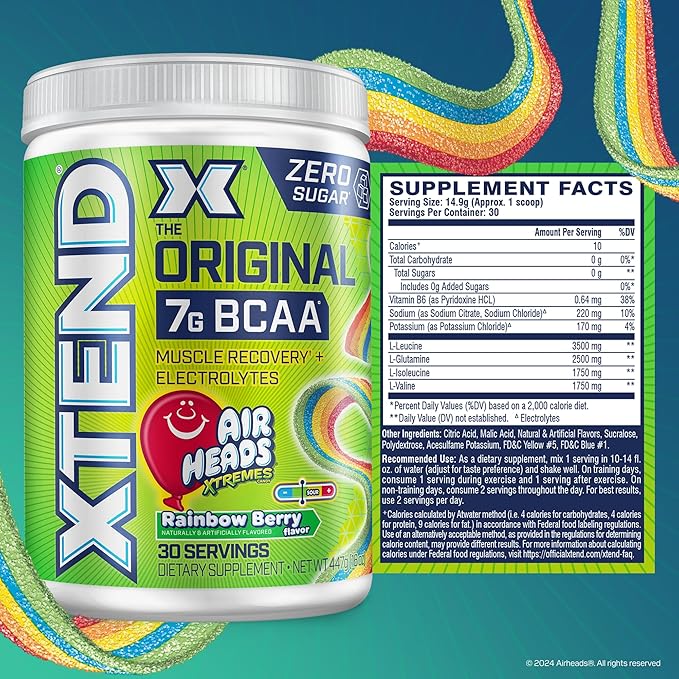 Xtend Original BCAA Powder Airheads Rainbow Berry Flavor, 7g BCAA and 2.5g L-Glutamine, Sugar Free Post Workout Muscle Recovery Drink with Amino Acids for Men & Women, 30 Servings