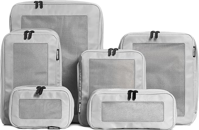 Aerotrunk Compression Packing Cubes for Travel - Luggage Organizer Bags - Double Zipper Packing Cubes for Suitcases (6-Pack, Light Grey)