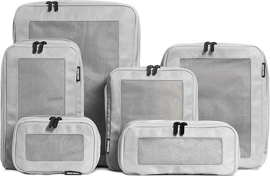Aerotrunk Compression Packing Cubes for Travel - Luggage Organizer Bags - Double Zipper Packing Cubes for Suitcases (6-Pack, Light Grey)