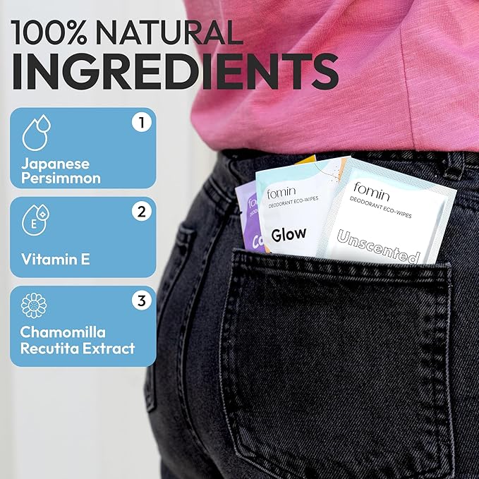FOMIN Travel Deodorant Wipes - 50 Count - Unscented - pH Balanced, Hypoallergenic Mini Deodorant For Women and Men - Plastic-Free, Individually Wrapped Underarm & Body Wipes