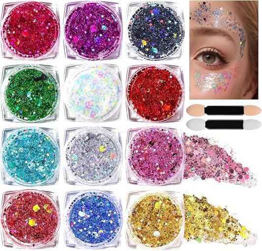 Teenitor Body Glitter Face Glitter Makeup Festival Glitter, 12 Colors Face and Body Glitter Gel, Hair Glitter Gel, Body Makeup