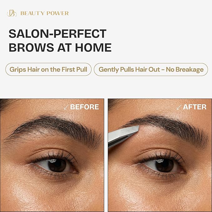 Professional Tweezers in Case - Slant, Durable Lightweight German Stainless Steel, Ultra Precision Tweezers for Eyebrows, Facial Hair, Chin, and Ingrown Hair Removal - Valentine's Gift