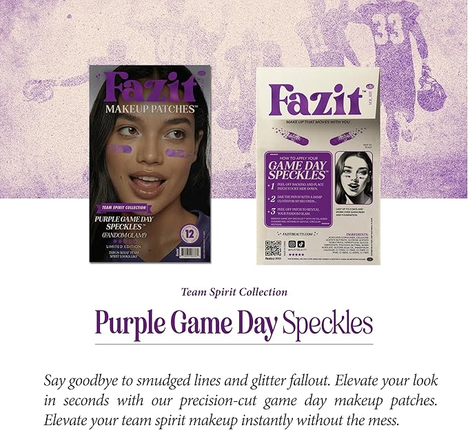 Fazit Makeup Patches - Purple Game Day Speckles - Glow Up Make-Up Patches - Cute Glitter Makeup Accessories for Women - Cosmetic Glitter for Face