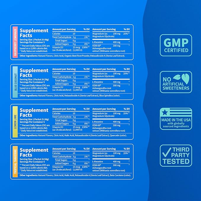 Nello Supercalm Powdered Drink Mix, Cortisol Reducer* and Sleep Aid Supplement, L Theanine, Ksm-66 Ashwagandha, Magnesium Glycinate, Vitamin D 3, No Sugar, Non GMO, On The Go, 20 Ct, Variety Pack
