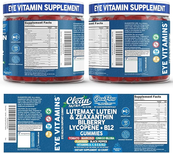 Clean Nutra Lutein and Zeaxanthin Eye Vitamins Gummies + Bilberry for Eyes Vision Support Ginkgo Biloba Marigold, Vitamin B12 Flaxseed Black Pepper CoQ10 Vitamin A l 60 Count B OcuFlow