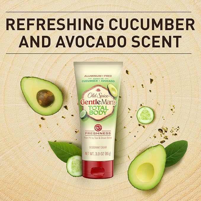 Old Spice Whole Body Deodorant Cream for Men, Aluminum Free, Cucumber + Avocado Scent, 24/7 Odor Protection, 24/7 Lasting Freshness, Dermatologist Tested, Gentle on Skin, Safe to Use All Over, 3.0 oz