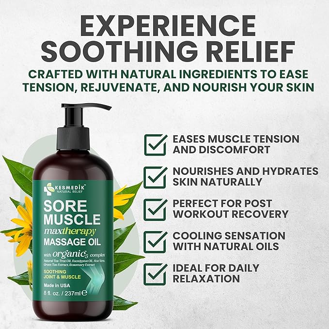 Sore Muscle Massage Oil for Massage Therapy with Arnica, Eucalyptus & Tea Tree Oil Blend for Deep Muscle Relief, Recovery, Softens Skin & Anti-Cellulite Massage for Professional & Home Use, 2-Pack