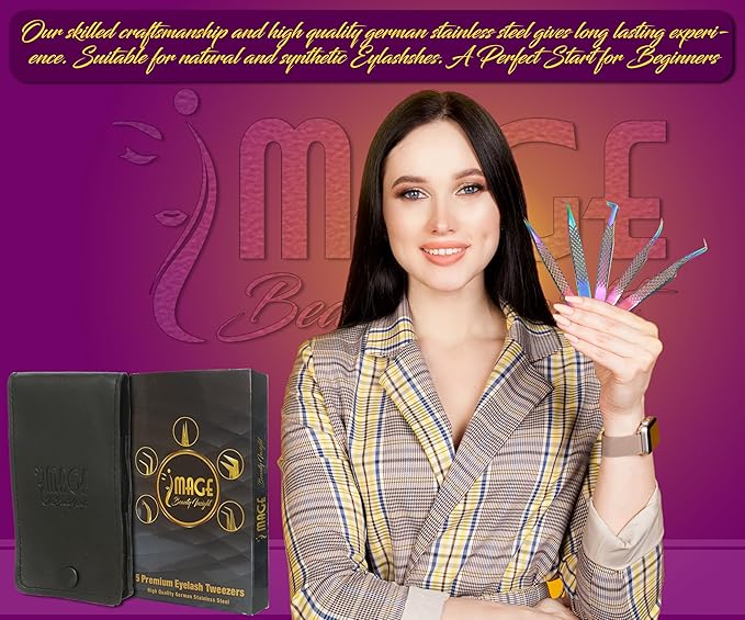 5 Pcs Fiber-Tip Japanese Steel Lash Tweezer Set with Leather Case, Professional Eyelash Tweezers for Lash Extensions – Titanium Coated, 90 & 45 Angled, Precision Pointed Tweezers (Rainbow Color)