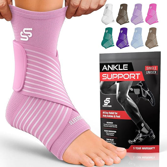 Sleeve Stars Ankle Brace for Women & Men, Ankle Wrap for Sprained Ankle, Compression Sleeve for Plantar Fasciitis Relief, Easy Customizable Support: w/Removable Strap (Single/S:9"-10"/Baby Pink)
