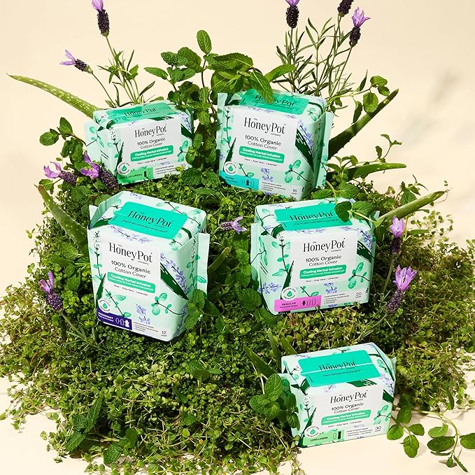 The Honey Pot Company - Herbal Pads for Women - Overnight w/Wings - Infused w/Essential Oils for Cooling Effect & Organic Cotton Cover - Feminine Care - 12 ct