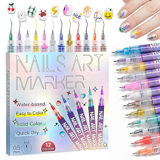 Nail Art Pens: 12 Colors Nail Art Markers Set - Painting Polish Pen with 0.5mm Fine Tip, Quick-Dry - Valentine's Day Gifts for Woman Girl Her DIY Home Salon
