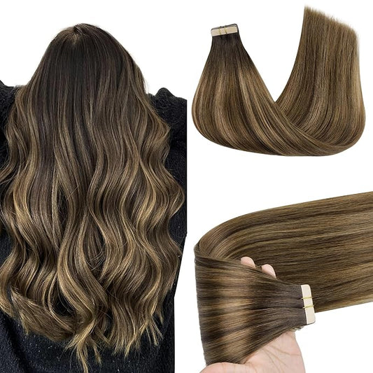 GOO GOO Tape in Hair Extensions Human Hair, 4D/14/5B Brunette Balayage, 16inch 50g 20pcs, Skin Weft Seamless Invisible, Silky Straight with Thick Ends, Remy Human Hair