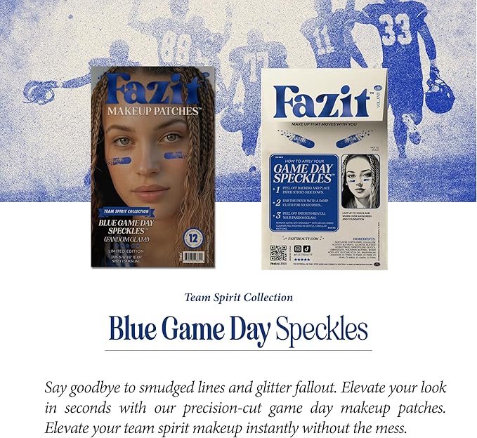 Fazit Makeup Patches - Blue Game Day Speckles - Glow Up Make-Up Patches - Cute Glitter Makeup Accessories for Women - Cosmetic Glitter for Face