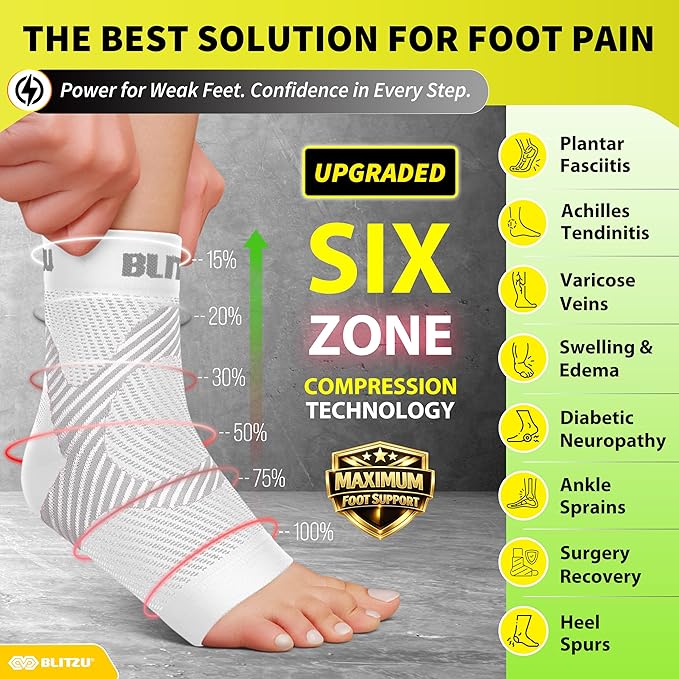 BLITZU Compression Socks for Plantar Fasciitis, Achilles Tendonitis, Arthritis Relief, Ankle Brace Compression Sleeve with Foot Arch Support, Ankle Wrap for Women, Men, Swelling & Heel Pain White XXL