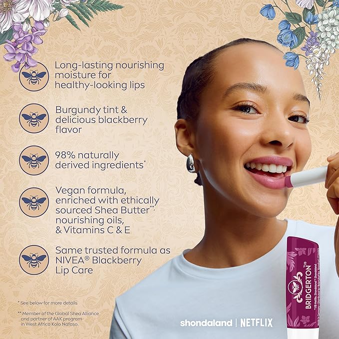 NIVEA Lip Care, Bridgerton Limited Edition Moisturizing Lip Balms with Shea Butter, Blackberry Pie, Peach Tea, Rose Meringue, and Vanilla Biscuit, Four 0.17 Oz Sticks