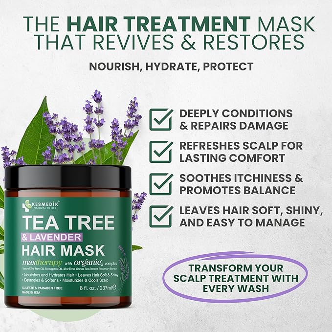 Tea Tree Lavender Mint Hair Mask with Biotin & Argan Oil, Deep Conditioning Hair Mask for Coarse & Dry Damaged Hair, Scalp Itch Relief, Hydrating Hair Mask for Men & Women | Tea Tree Hair Mask