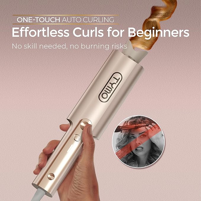 TYMO CurlPro Plus Automatic Rotating Curling Iron - Upgraded Long Barrel Curling Wand for Long Hair, Ceramic Hair Curler for Women, Anti-Scald, Tangle-Free, 600M Ionic, Dual Voltage, Gold, 1 1/4 Inch