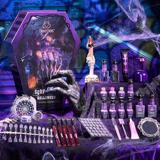 beetles Scream On Halloween Limited Box, Halloween Gel Polish Kit with UV Light, Black Orange Dark Purple Cat Eye Polish With Nail Tips Nail Sticker Manicure Kit Salon DIY Nail Art Gift Set