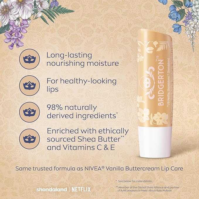 NIVEA Vanilla Biscuit Lip Balm, Nourishing Lip Care, Bridgerton Limited Edition Moisturizing Lip Balm with Shea Butter, 3-in-1 Moisture, Repair and Nourish, 0.17 Oz Stick