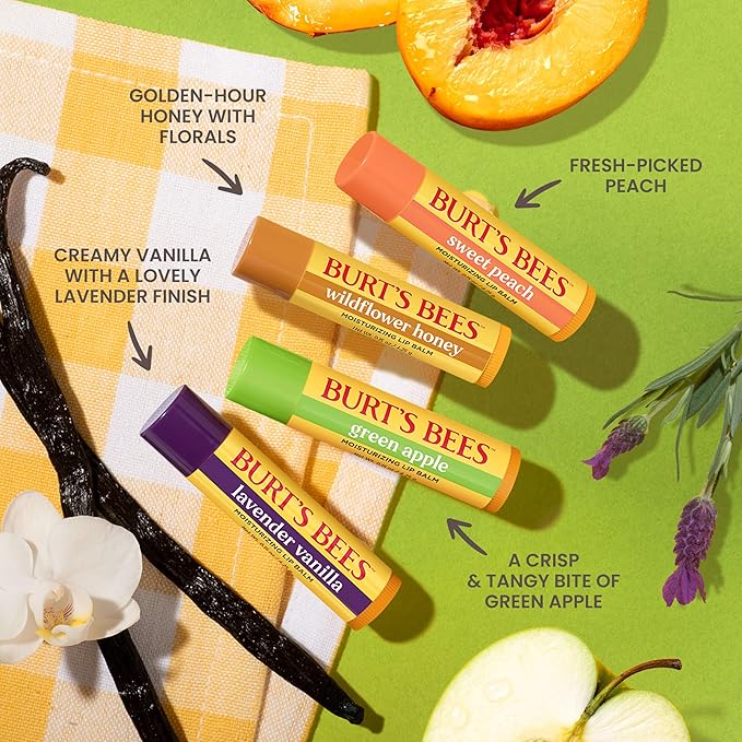 Burt's Bees Gifts Ideas - Garden Party Lip Balm Set, Lavender Vanilla, Sweet Peach, Green Apple, Wildflower Honey, With Responsibly Sourced Beeswax, Natural Origin Lip Treatment, 4 Tubes, 0.15 oz.