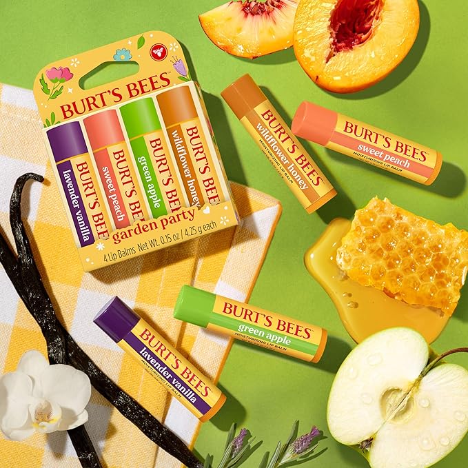 Burt's Bees Gifts Ideas - Garden Party Lip Balm Set, Lavender Vanilla, Sweet Peach, Green Apple, Wildflower Honey, With Responsibly Sourced Beeswax, Natural Origin Lip Treatment, 4 Tubes, 0.15 oz.
