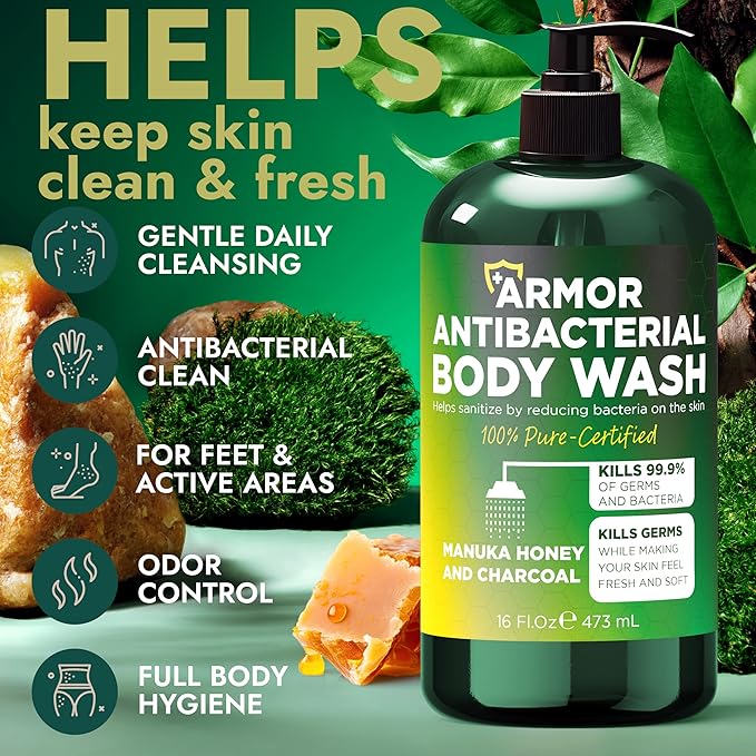 Antibacterial Body Wash | Antibacterial Soap for Men & Women | Kills 99.9% of Germs & Bacteria | Helps with Back Acne, Body Odor & Skin Irritation | Manuka Honey & Charcoal, 16 fl oz