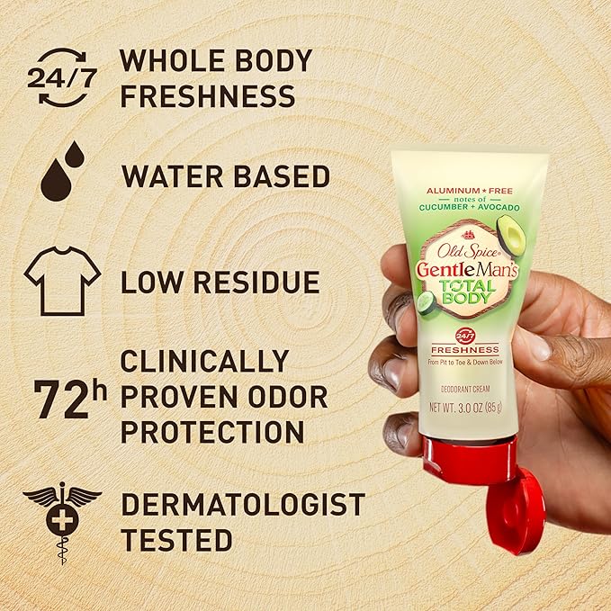 Old Spice Whole Body Deodorant Cream for Men, Aluminum Free, Cucumber + Avocado Scent, 24/7 Odor Protection, 24/7 Lasting Freshness, Dermatologist Tested, Gentle on Skin, Safe to Use All Over, 3.0 oz