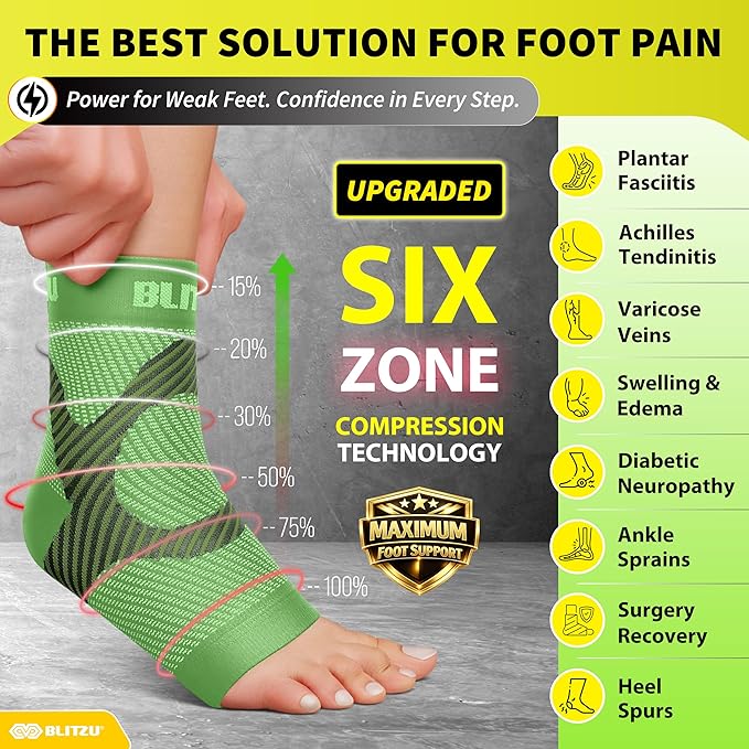 BLITZU Compression Socks for Plantar Fasciitis, Achilles Tendonitis, Arthritis Relief, Ankle Brace Compression Sleeve with Foot Arch Support, Ankle Wrap for Women, Men, Swelling & Heel Pain Green XXL