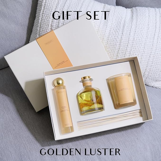 Benevolence LA Golden Luster Gift Box | Candle, Room Spray & Reed Diffuser | Orange, Cedarwood & Clove | Luxurious Home Fragrance | Ready for Gifting |Gift Set for Women