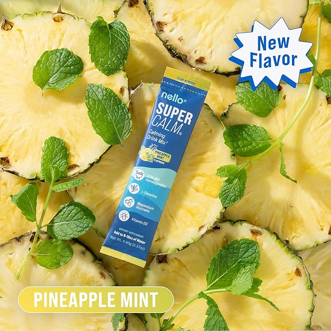 Nello Supercalm Powdered Drink Mix, Cortisol Reducer* and Sleep Aid Supplement, L Theanine, Ksm-66 Ashwagandha, Magnesium Glycinate, Vitamin D 3, No Sugar, Non GMO, On The Go, 20 Ct, Pineapple Mint