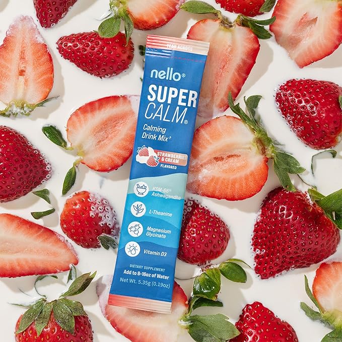 Nello Supercalm Powdered Drink Mix, Cortisol Reducer*, Sleep Aid Supplement, L Theanine, Ksm-66 Ashwagandha, Magnesium Glycinate, Vitamin D 3, No Sugar, Non GMO, 20 Ct, Strawberries & Cream