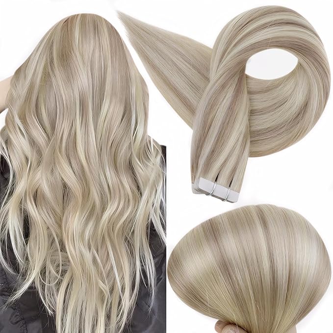 Full Shine Tape in Human Hair Extensions 24 Inch Real Human Hair Tape in Extensions 50 Gram Seamless Hair Extensions 20pcs Ash Blonde Highlights Bleach Blonde Skin Weft Double Side Brazilian Hair