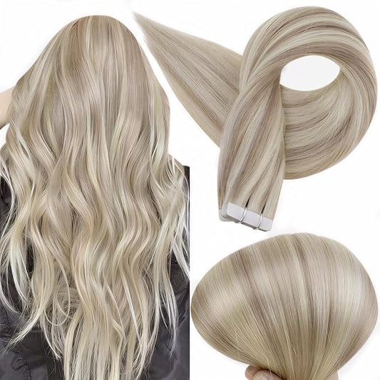 Full Shine Tape in Human Hair Extensions 24 Inch Real Human Hair Tape in Extensions 50 Gram Seamless Hair Extensions 20pcs Ash Blonde Highlights Bleach Blonde Skin Weft Double Side Brazilian Hair