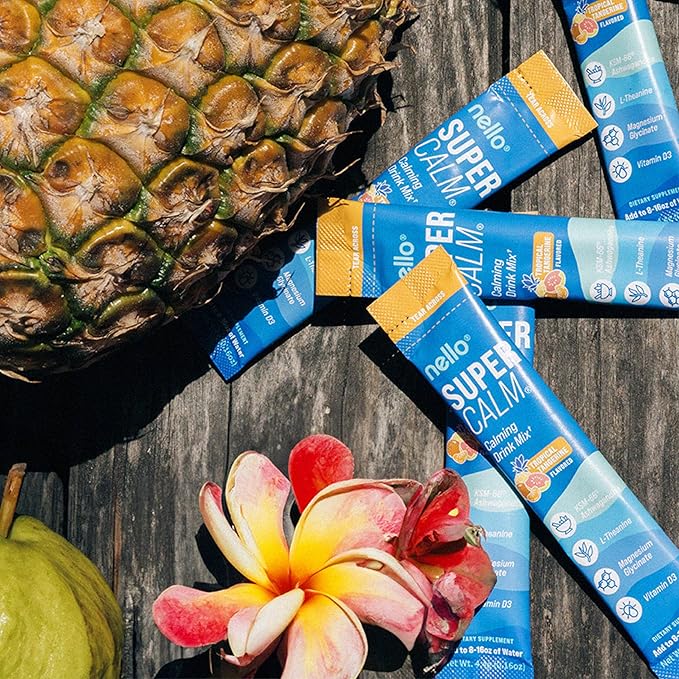 Nello Supercalm Powdered Drink Mix, Cortisol Reducer* and Sleep Aid Supplement, L Theanine, Ksm-66 Ashwagandha, Magnesium Glycinate, Vitamin D 3, No Sugar, Non GMO, 20 Ct, Tropical Tangerine