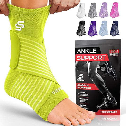 Sleeve Stars Ankle Brace for Women & Men, Ankle Wrap for Sprained Ankle, Compression Sleeve for Plantar Fasciitis Relief, Easy Customizable Support: w/ Removable Strap (Single/M:10"-12"/Neon Yellow Green)