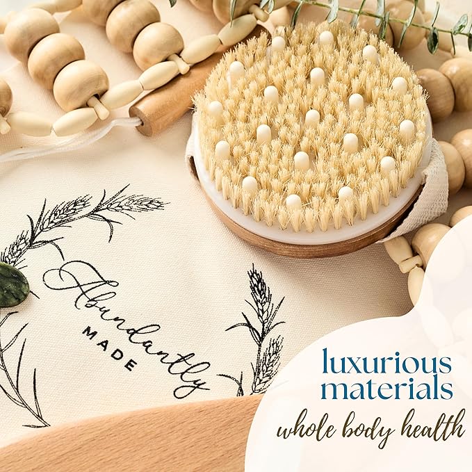 Abundantly Made Co. 6-Piece Lymphatic Drainage Massage Kit | Dry Brush, Wooden Paddle, Rope Roller, Jade Gua Sha, Silicone Cup, Linen Bag & E-Book | Wood Therapy, Maderoterapia & Body Sculpting Tools