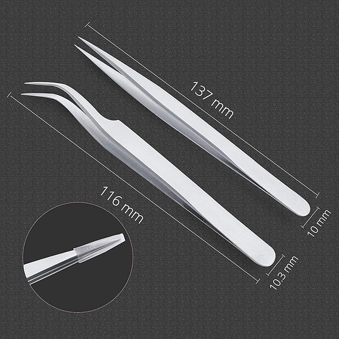 Sivote Eyelash Tweezers, 2-Pack, Hand Calibrated Straight and Curved Tips, Stainless Steel Lash Tweezers for Eyelash Extensions, Matte Silver