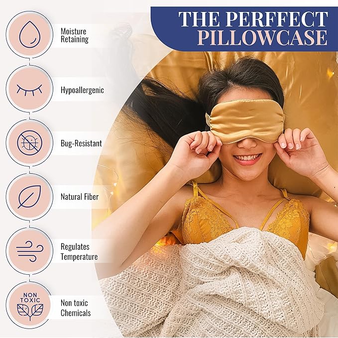 Blissy Silk Pillowcase - 100% Pure Mulberry Silk - 22 Momme 6A High-Grade Fibers - Silk Pillow Cover for Hair & Skin - Regular, Queen & King (Gold, Queen)