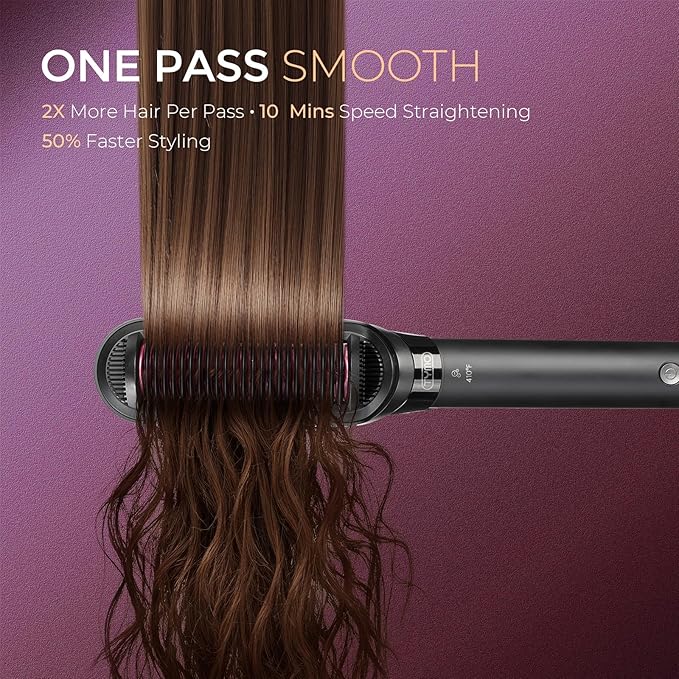 TYMO Flat Iron Hair Straightener Brush 2 in 1, 200M Ions Hair Straighteners for Women, Ceramic Dual Voltage Straightening Hot Comb for Anti-Frizz Straights, Waves, Curls, 3X Less Heat Damage, Black