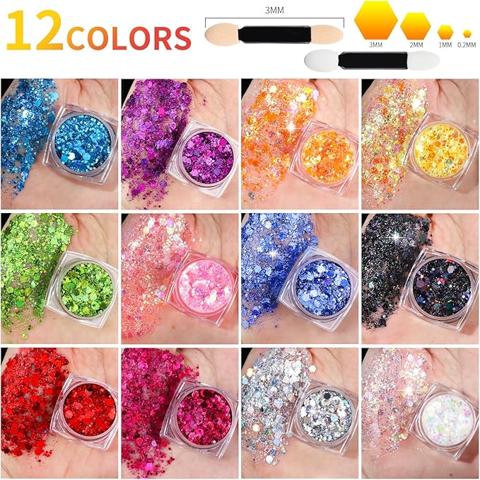 Teenitor Face Glitter Makeup Festival Body Glitter Gel, 12 Colors Face and Body Glitter Gel, Hair Glitter, Glitter for Body Makeup