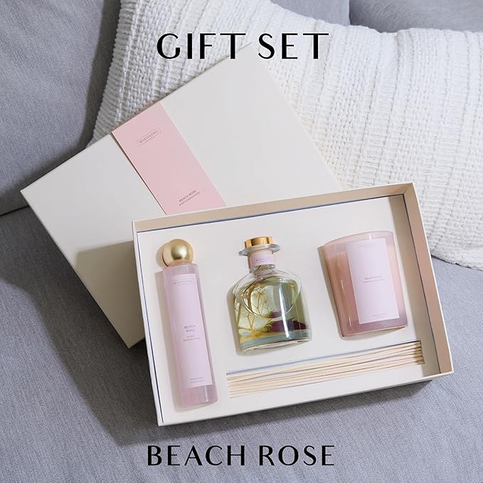 Benevolence LA Beach Rose Gift Box | Candle, Room Spray & Reed Diffuser | Rose & Sandalwood | Elegant Home Fragrance | Ready for Gifting | Gift Set for Women